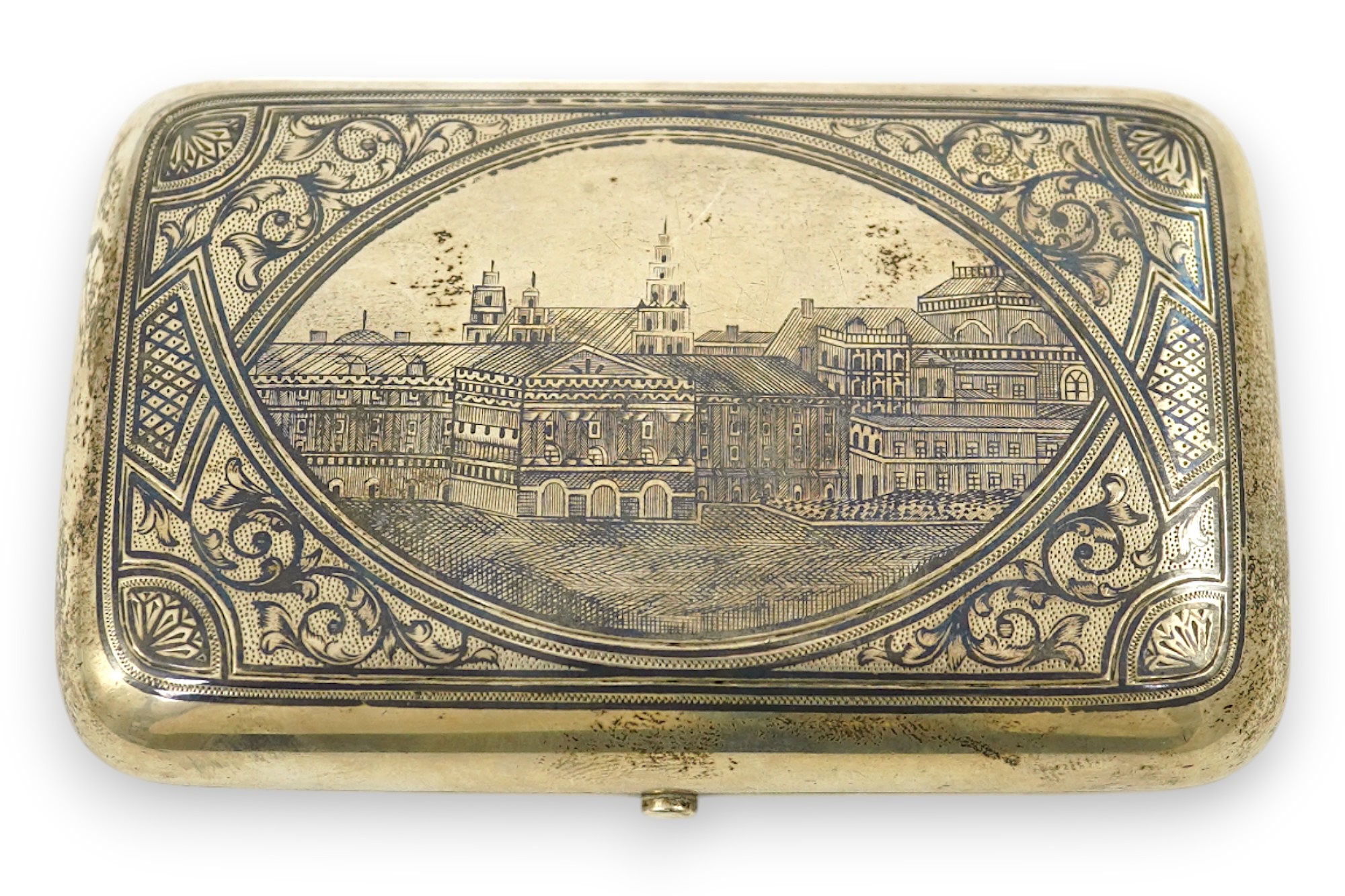 A late 19th century Russian 84 zolotnik and niello cigarette case, assay master A. Romanov, master Ivan F. Smirnov?